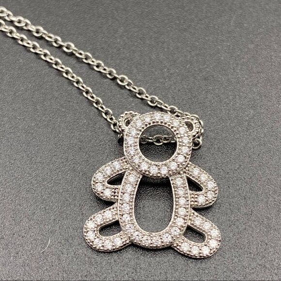 Sterling Silver Cubic Zirconia Teddy Bear Necklace - Picture 2 of 11